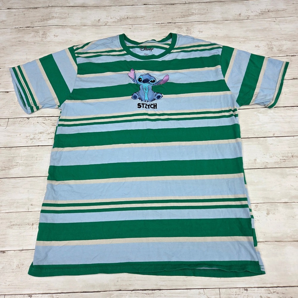 Disney T-Shirt Mens Large Green Blue Lilo‎ & Stitch Striped Embroidered SS Tee